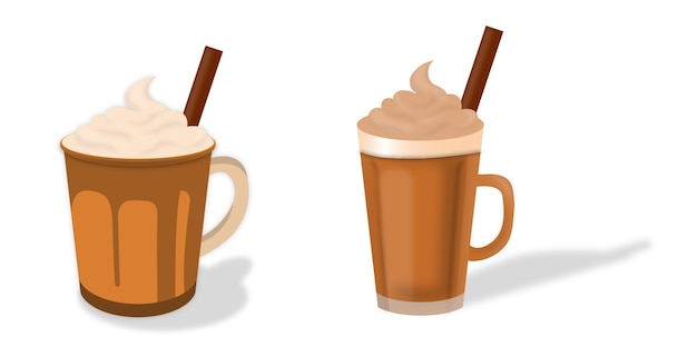 Bevande da caffè d'autunno con panna montata e foglie autunnali isolate su uno sfondo bianco