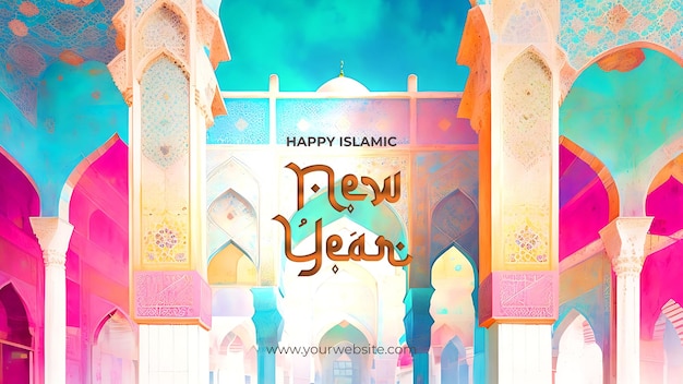 PSD bezaubernde, wunderschöne aquarellillustration einer faszinierenden moschee zur feier des islamischen neujahrs