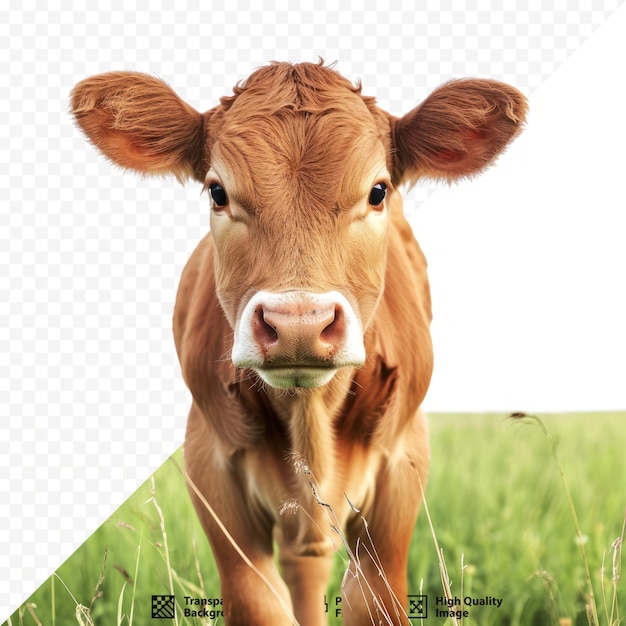 Bezerro em pé em um campo com grama verde conceito de cultivo cabeça de bezerro olhar de vitela