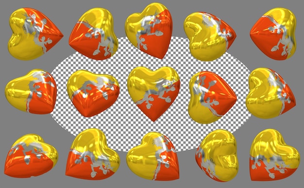 bhutan 3d heart flag isolated different positions 3d rendering