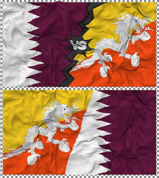 Bhutan gegen Katar Halbkombinierte Flagge Stoff-Bump-Textur 3D-Rendering