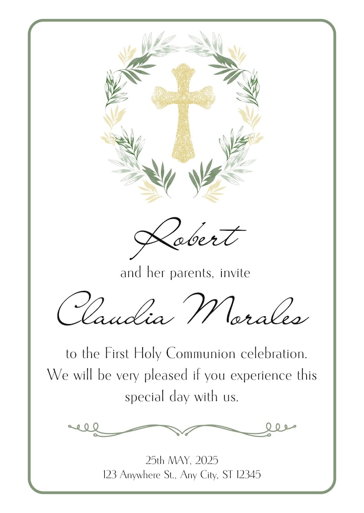 PSD bianco e verde semplice elegante invito alla santa comunione 1