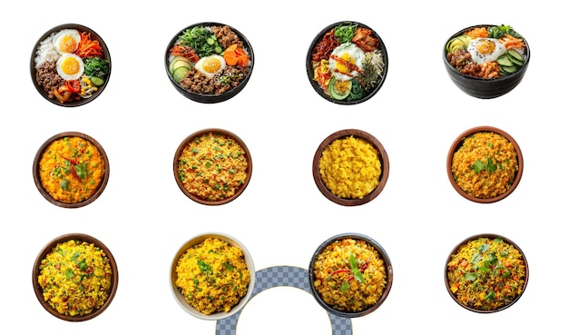 Bibimbap e tigelas de arroz com curry