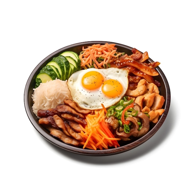 PSD bibimbap mit spiegeleiern und gemüse in einer schüssel isoliert auf weißem hintergrund, draufsicht, koreanisches essen