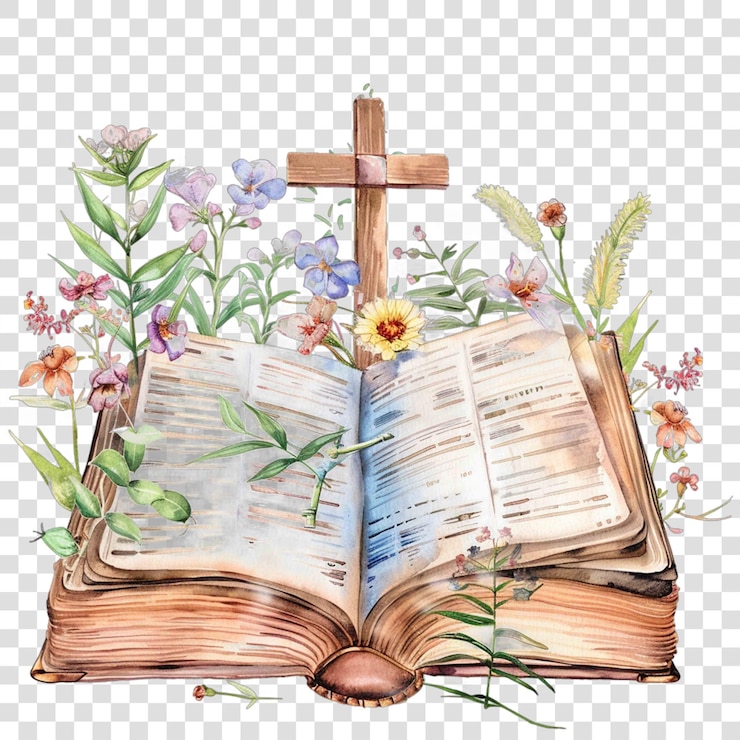 PSD biblia con cruz ilustración religiosa cristiana en acuarela