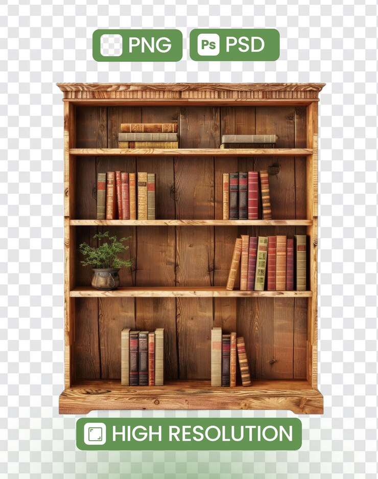 PSD biblioteca de madeira com livros e plantas