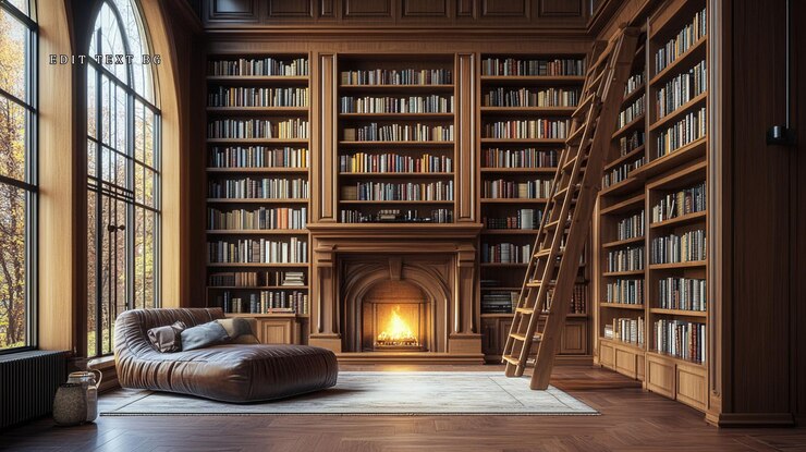 PSD biblioteca luxuosa com estantes de livros de lareira e chaise lounge de couro
