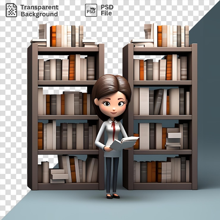 PSD bibliotecaria 3d organizando libros en un estante de madera con muñeca y pared azul en el fondo con corbata roja y cabello negro y marrón