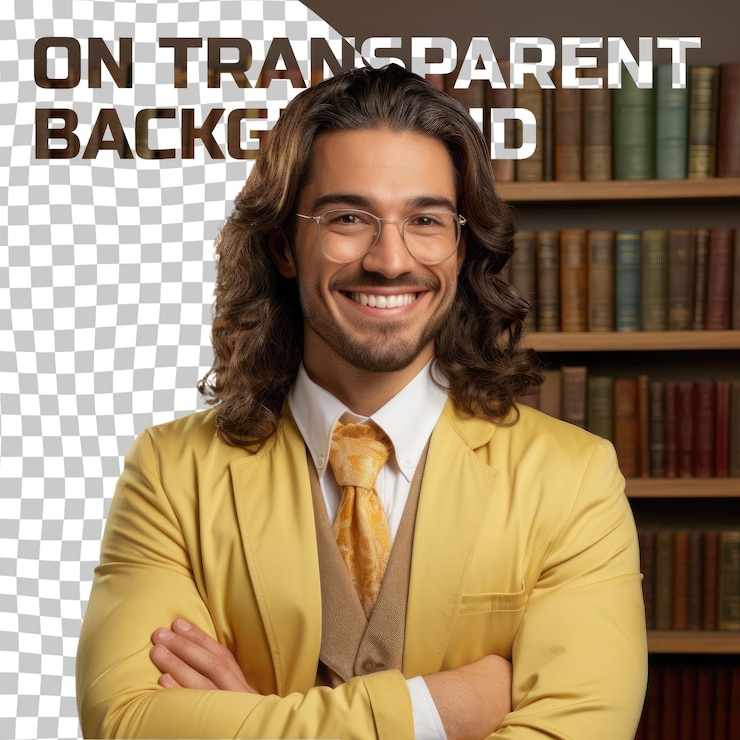 PSD bibliotecario chic sorridente ispano sollevato capelli lunghi abbigliamento elegante posa graziosamente su crema