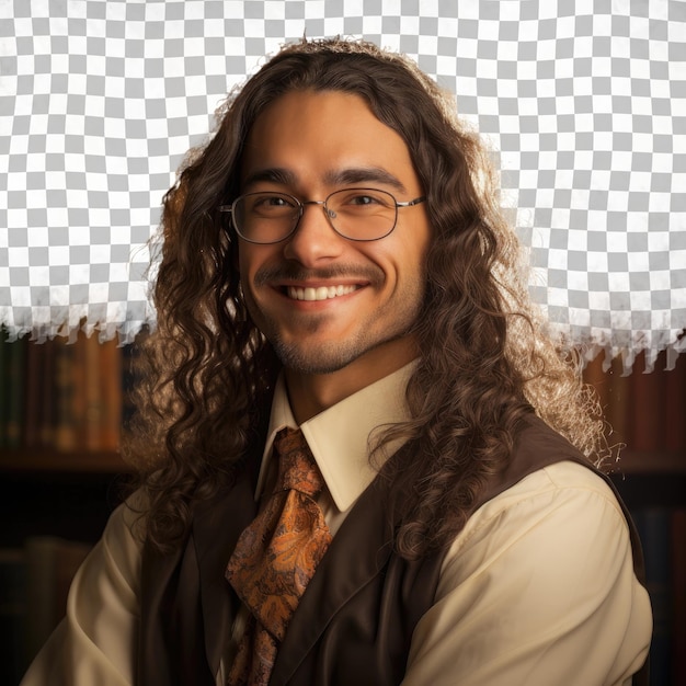 PSD bibliotecário euforia homem hispânico cabelo longo olhos abatidos sorrindo em vestuário de bibliotecário fundo pastel