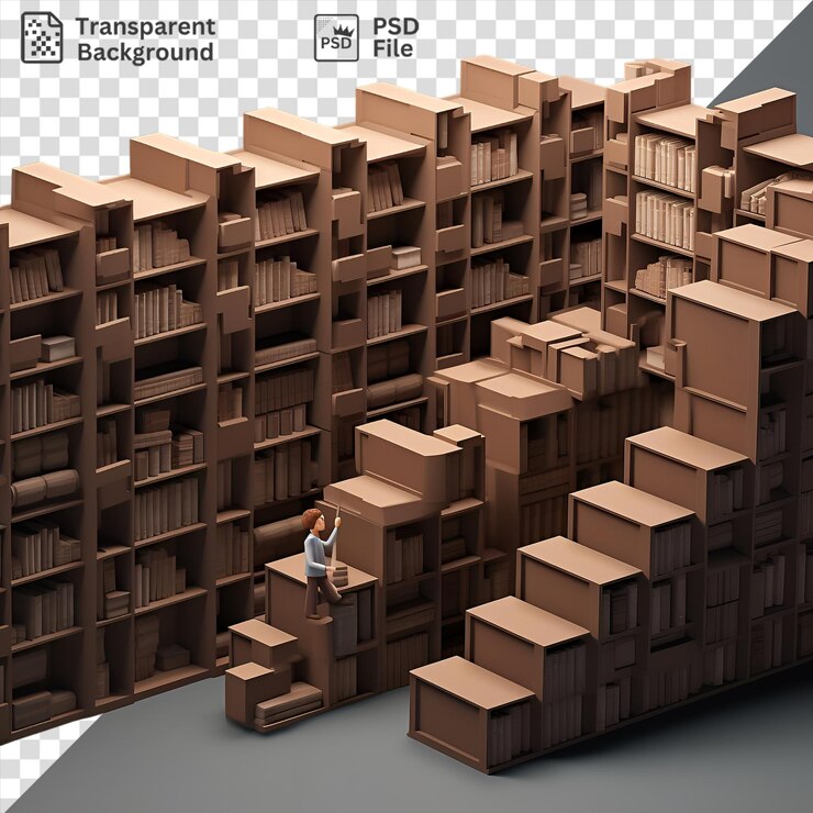 PSD bibliotecario psd 3d organizando libros en una biblioteca con un edificio marrón en el fondo