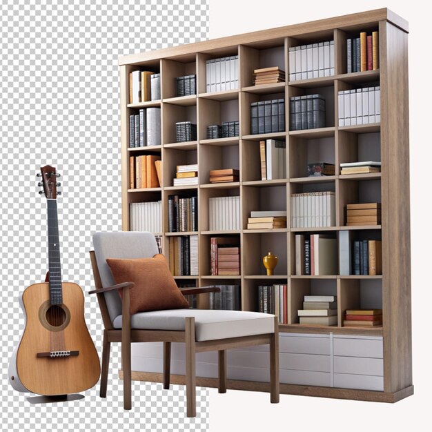 PSD une bibliothèque avec une chaise et une guitare