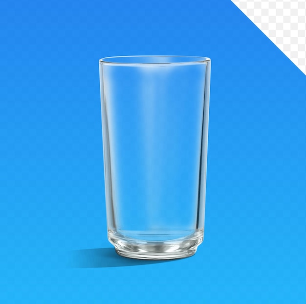 bicchiere d'acqua isolato su uno sfondo a scacchi blu trasparente