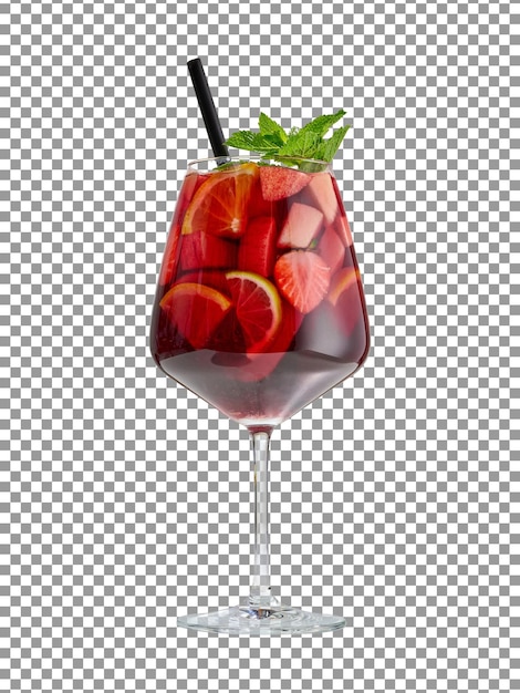 Bicchiere da cocktail rosso sangria con foglia di menta su sfondo trasparente