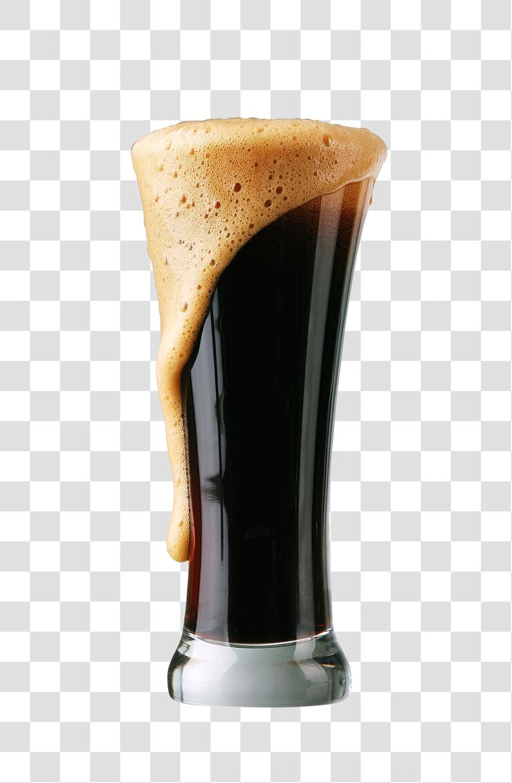 Bicchiere di birra scura con schiuma, file PSD a strati