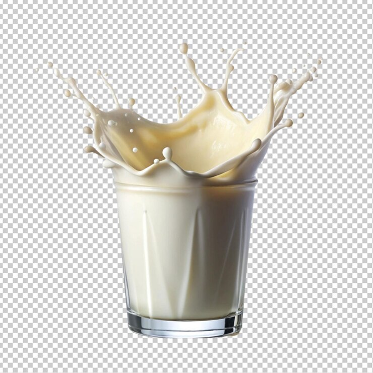 bicchiere di latte con spruzzi di mosche nell'aria sullo sfondo trasparente