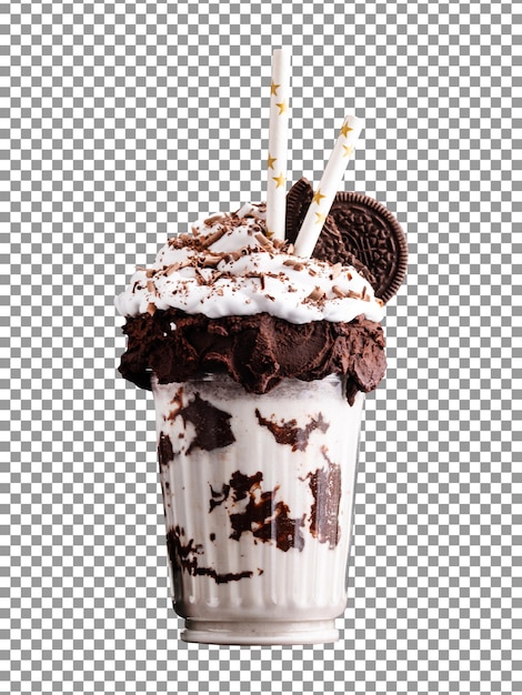 Bicchiere di milkshake con biscotti al cioccolato e crema su sfondo trasparente