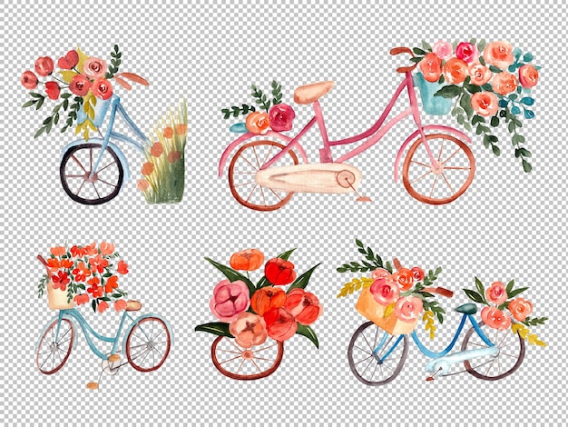 Bicicleta com flores cor de rosa em ilustração de aquarela