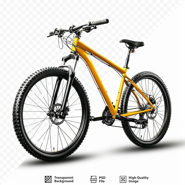 PSD bicicleta de montanha amarela 29er com pneus offroad grossos bicicleta mtb cross country ciclismo de alumínio conceito de transporte esportivo isolado em fundo isolado branco