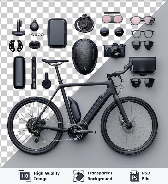 PSD bicicleta eléctrica de alto rendimiento y accesorios de alta calidad transparente psd exhibida en una pared blanca con gafas negras un asiento negro y una cámara negra