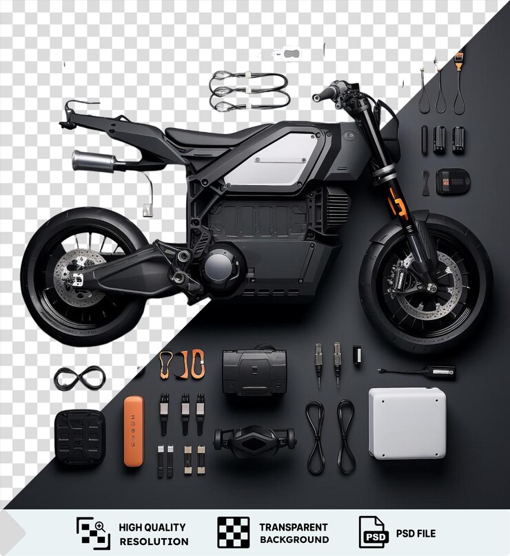 PSD bicicleta eléctrica transparente de alto rendimiento y conjunto de accesorios exhibido en una pared negra y blanca con un manillar naranja de neumático negro y gafas negras png psd