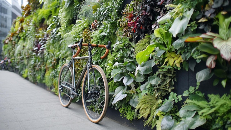 PSD bicicleta estacionada ao lado de uma parede de jardim vertical vibrante