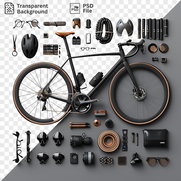 PSD bicyclette haut de gamme personnalisée et accessoires montés sur un mur blanc et noir avec des lunettes noires un siège noir et orange et une caméra argentée et noire