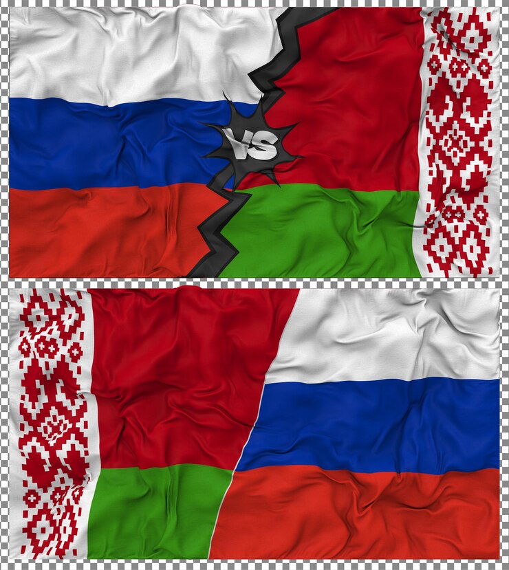 PSD bielorrusia contra rusia media bandera combinada con textura 3d de la tela