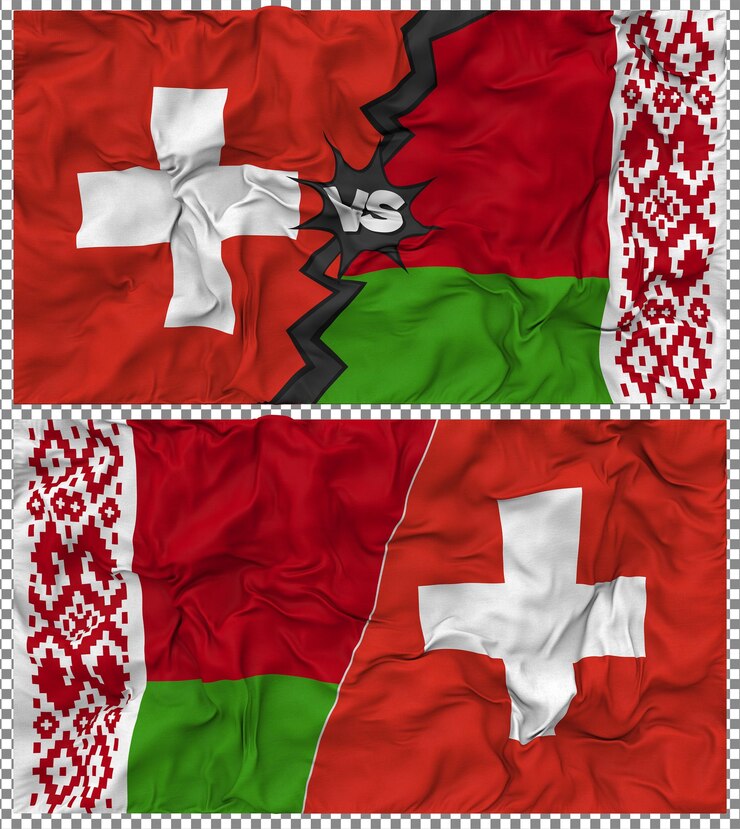 PSD bielorrusia contra suiza media bandera combinada con textura 3d de la tela