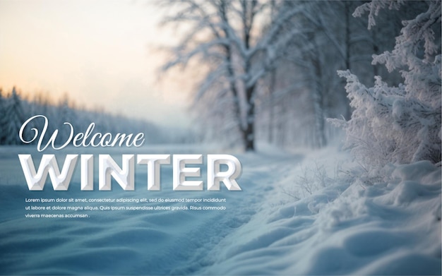 PSD bienvenido fondo de invierno con nieve y nieve cubierta bosque borroso frío tiempo de invierno