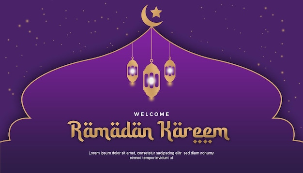 Bienvenido ramadan kareem diseño de banner paisaje moderno sencillo púrpura 13