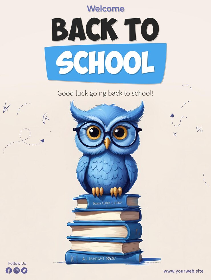 Bienvenido de vuelta a la plantilla de cartel de la escuela con personaje búho con gafas y sentado en una pila de libros