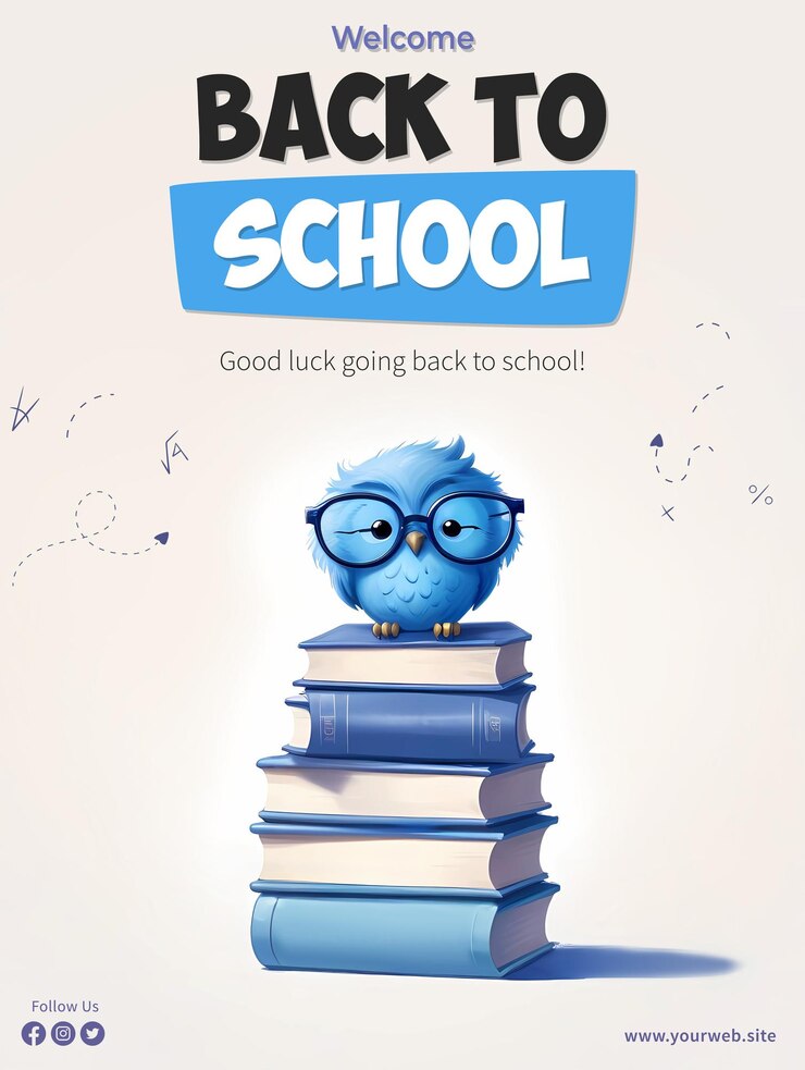 Bienvenido de vuelta a la plantilla de cartel de la escuela con personaje búho con gafas y sentado en una pila de libros