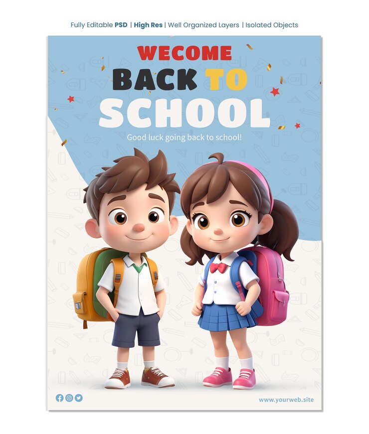 Bienvenido de vuelta a la plantilla de cartel de la escuela con personajes de dibujos animados de niños y niñas en 3D con bolsa de la escuela