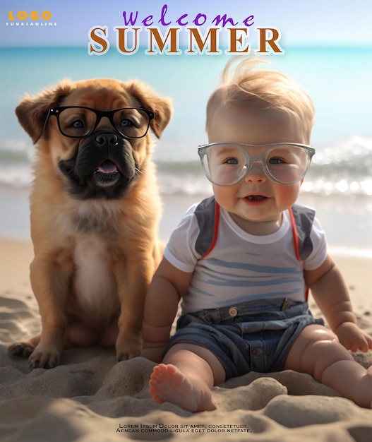 PSD bienvenue à la plage de mer d'été avec bébé et chien