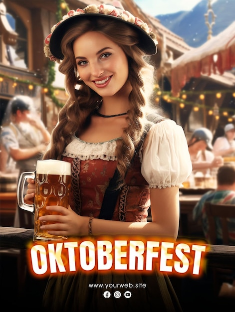 PSD bierfestival oktoberfest social media post poster-design mit mädchen, das ein glas bier in der b hält