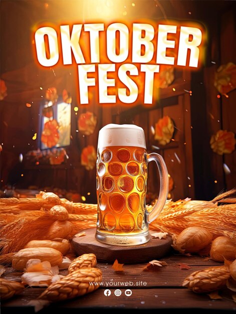 PSD bierfestival oktoberfest social media post posterdesign mit einem glas bier im hintergrund