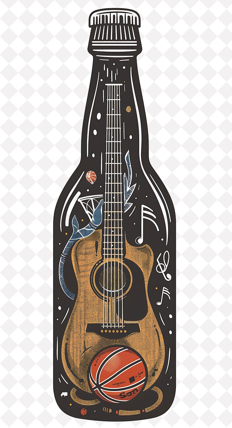 PSD bierflasche mit etikett mit basketball und gitarre det flat illustration bierkultur design
