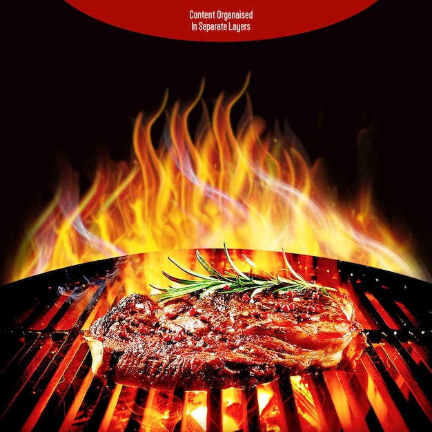 Bife de churrasco PSD na grelha com chamas de fogo isoladas em fundo transparente