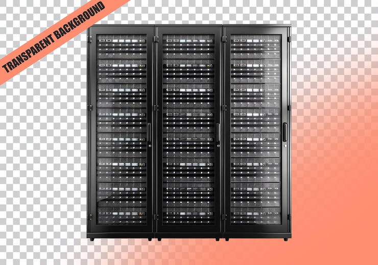 PSD big data server racks isolated on transparent background