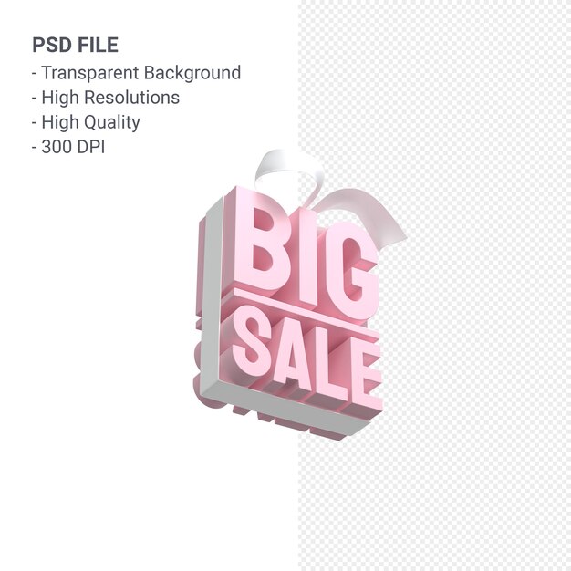 PSD big sale 3d design rendering für verkaufsförderung mit bogen und band isoliert