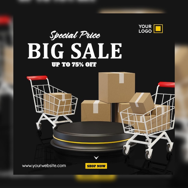 PSD big sale 3d render podium y trolley banner plantilla de publicación en redes sociales