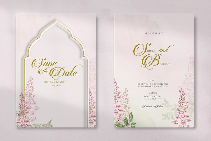 Biglietto d'invito per matrimonio islamico moderno con fiore rosa vintage