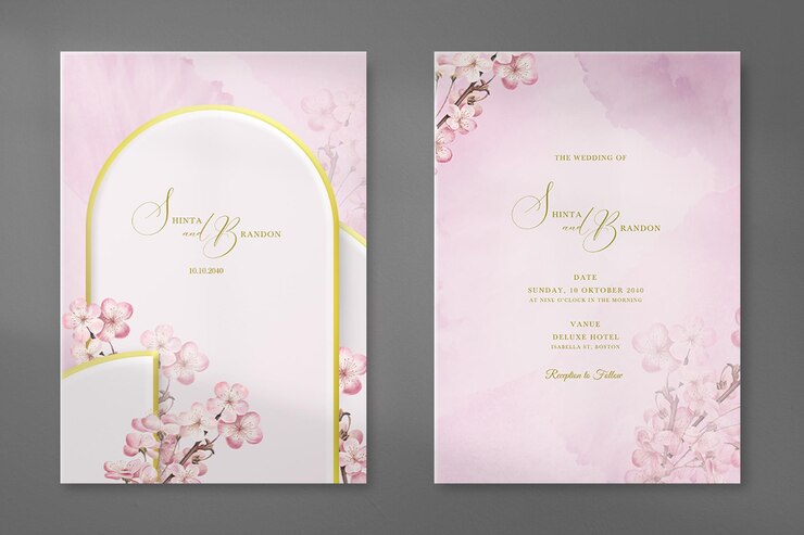 Biglietto d'invito per matrimonio moderno con forma geometrica 3d e fiore rosa vintage