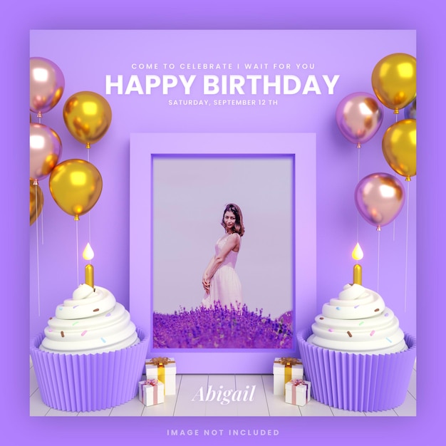 Biglietto d'invito per torta di buon compleanno per modello di post sui social media instagram viola con mockup