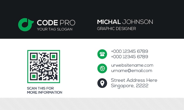 Biglietto da visita per CODE PRO con dettagli di contatto e un codice QR