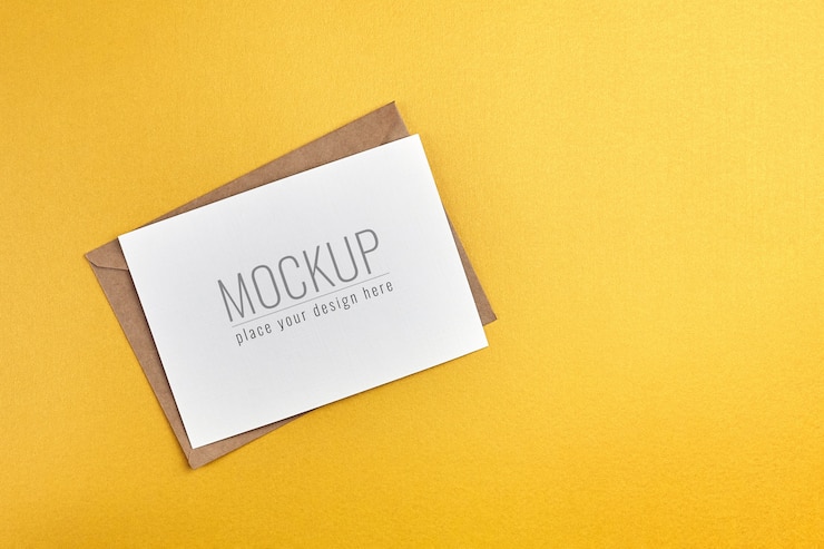 PSD biglietto di auguri con mockup di busta su sfondo di carta oro
