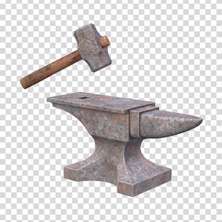 PSD bigorna e martelo enferrujados isolados na ilustração de renderização 3d de fundo branco