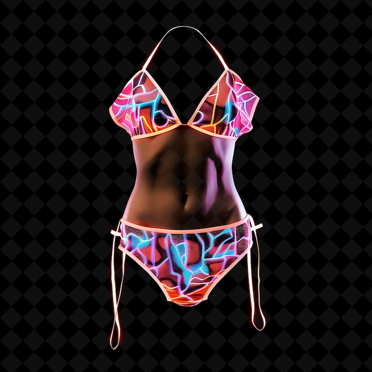 PSD bikini inspirado en el retro con un fondo de cintura alta y un objeto de neón playf en fondo oscuro