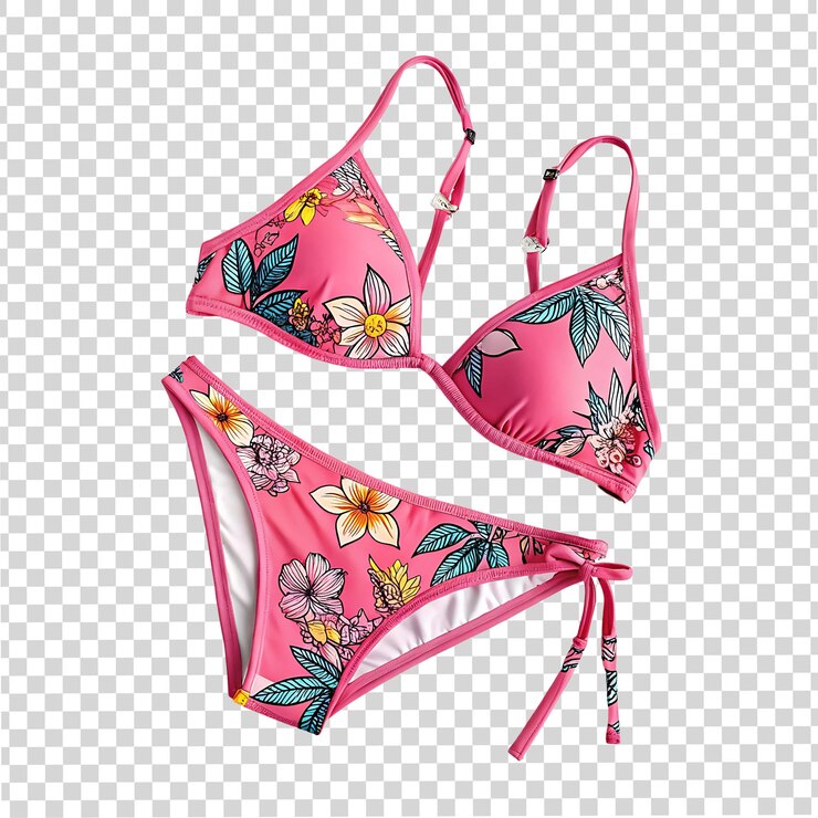 bikini rosa con fiori e foglie su uno sfondo bianco